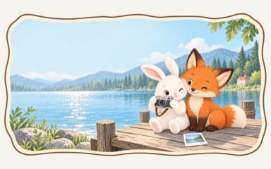 兔子与狐狸坐在湖边，一起翻看相册